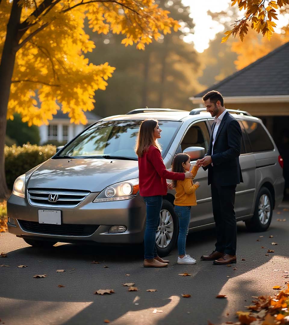 Eine Familie übergibt ein Auto an einen Händler beim Autoankauf Gelsenkirchen vor dem Haus